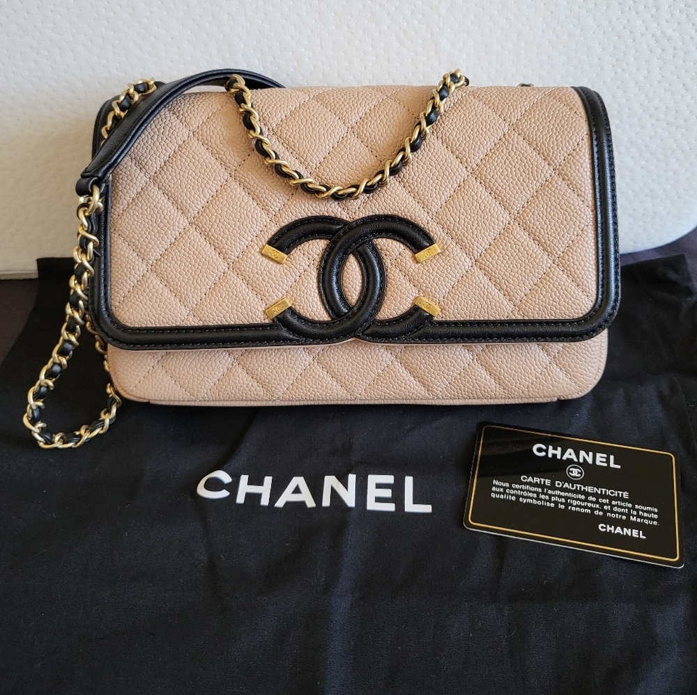Authentic Chanel Filigree flap crossbody bag beige and black